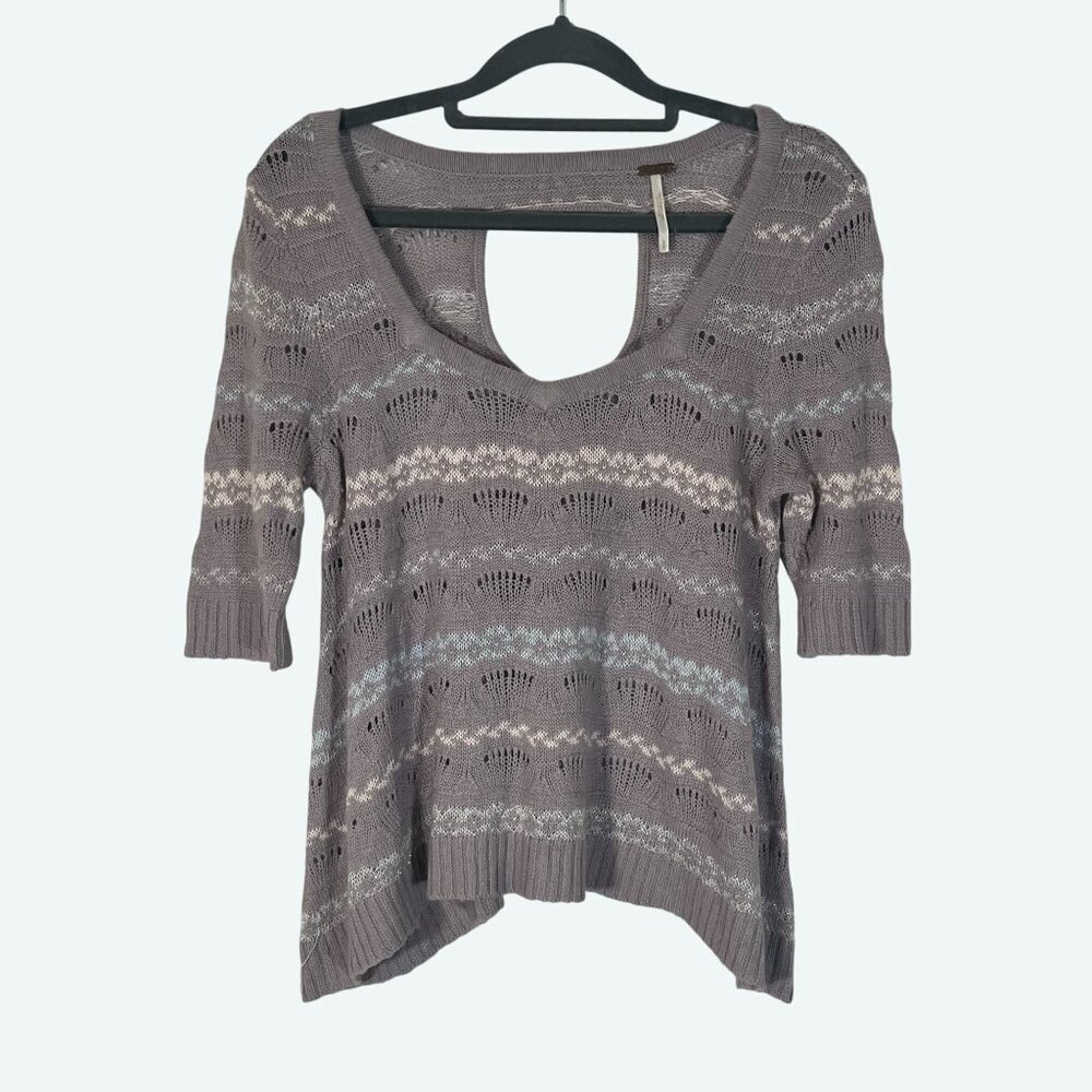 Free People Keyhole Back Knit Open‎ Weave Short Sleeve Sweater Shirt Gray Small